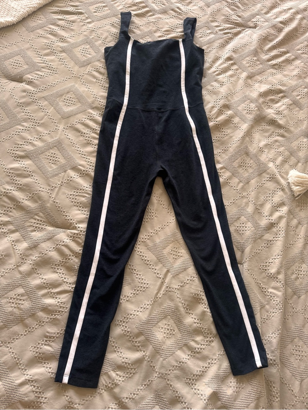 Beyond Yoga Black Jumpsuit with White Side Stripes